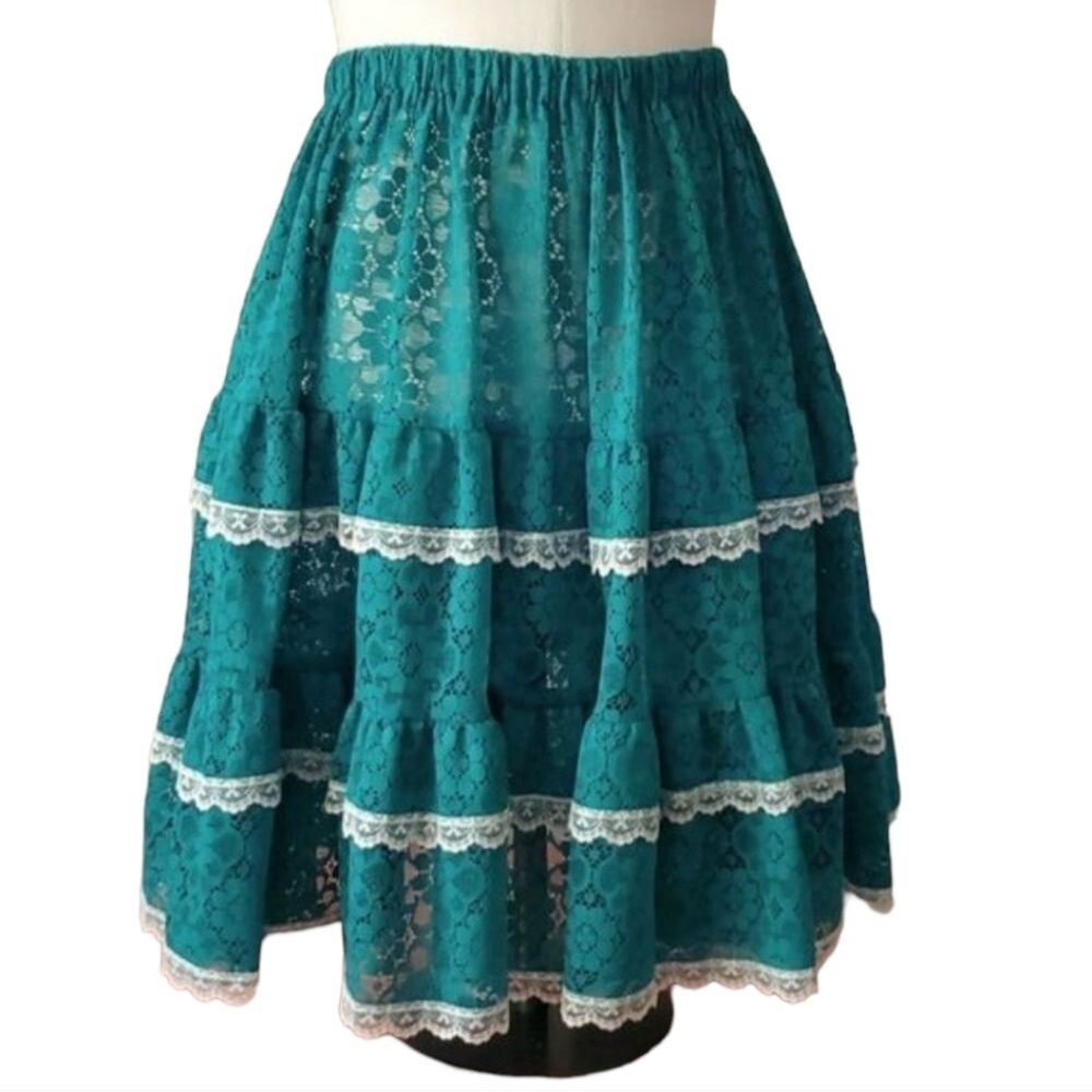 Ladies Vintage blue green Western Square Dancing Ruffle skirt Medium